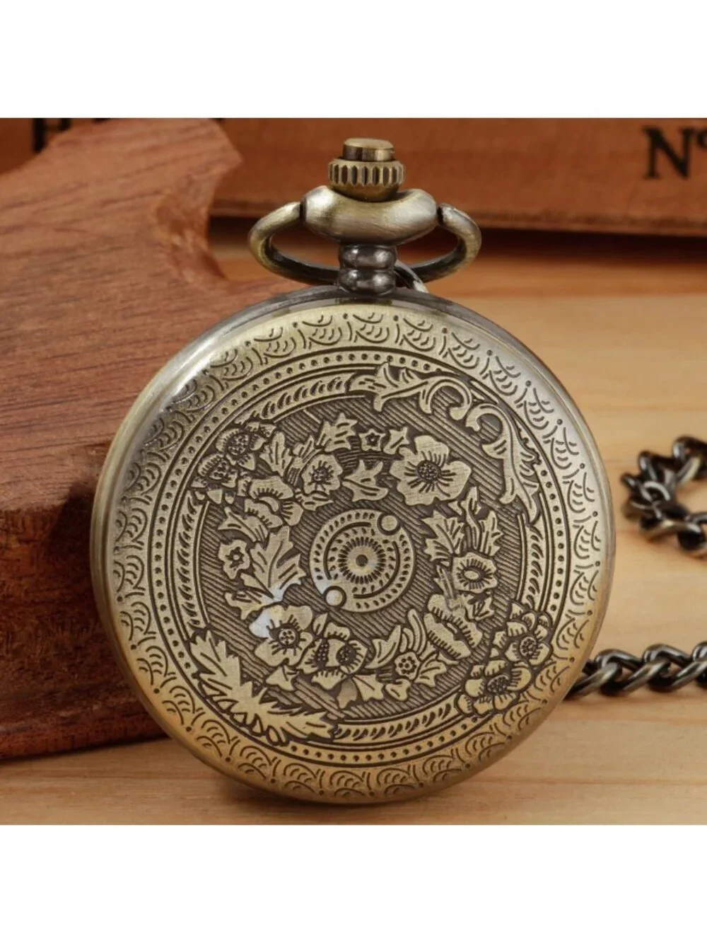 Men's Brown And Black Analog Quartz Flower Arabic Numerals Movement Pocket Watch
